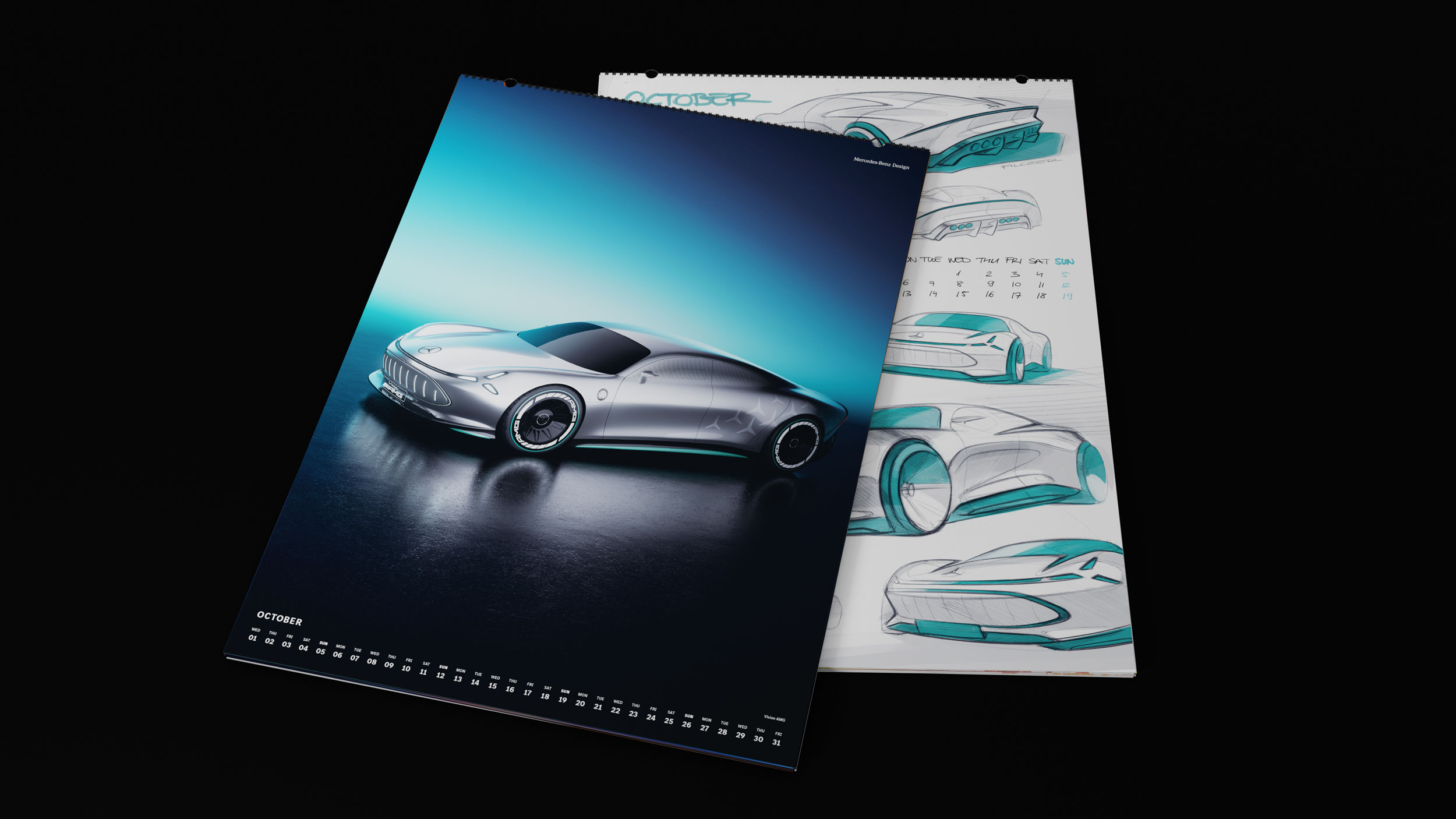 Entdecken Sie den Mercedes-Benz Wandkalender 2025 in der exklusiven Design Edition. Dieses Bild zeigt ein futuristisches Konzeptfahrzeug in Silber, perfekt für Liebhaber innovativen Autodesigns.